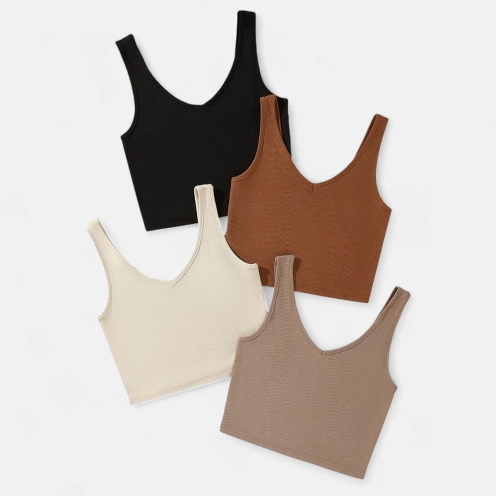 Ribbed V-Neck Crop Tank - Set of 4 (Black, Brown, Cream, Taupe)